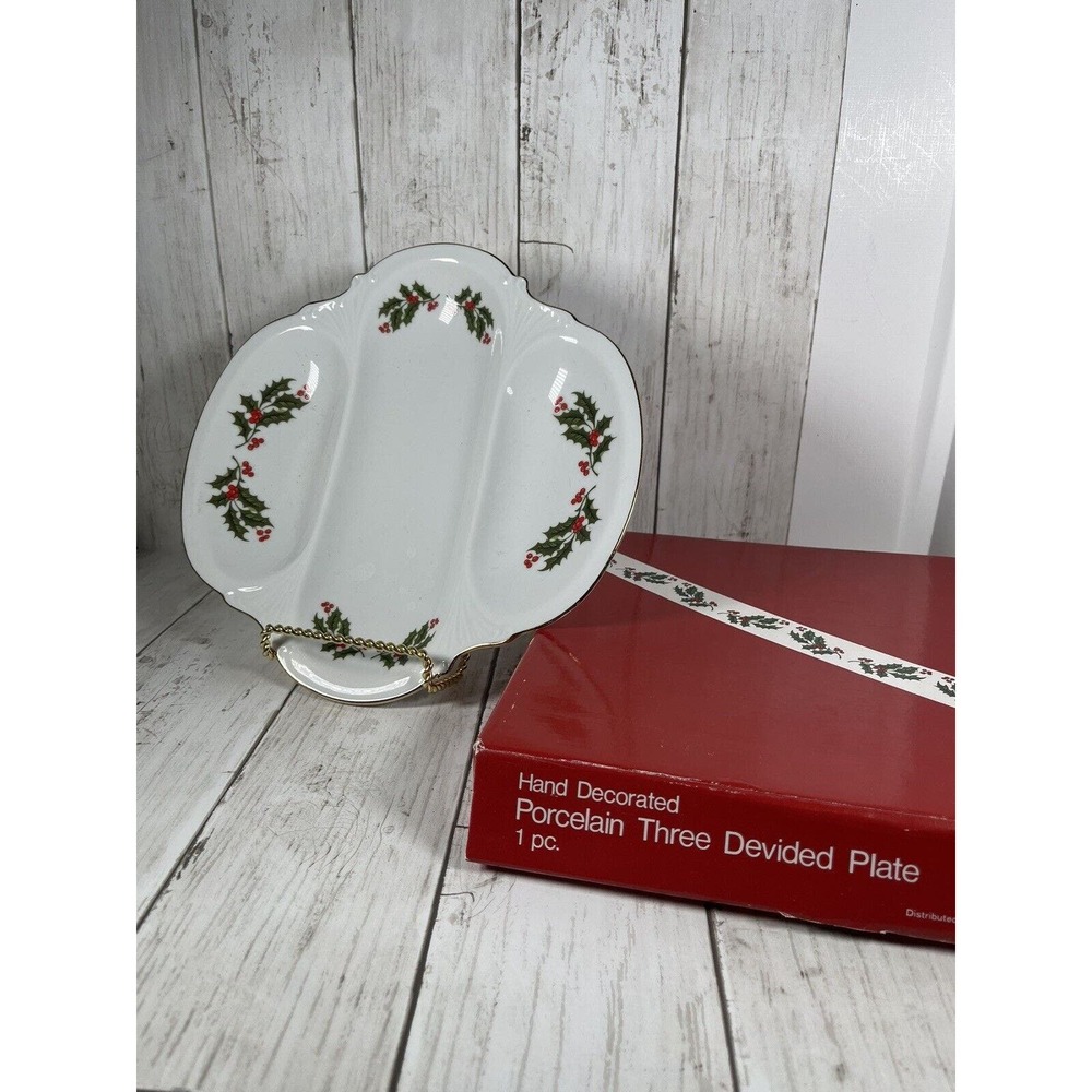 3 Section Serving Plate Fine Porcelain “Christmas Holly” Japan Holidays